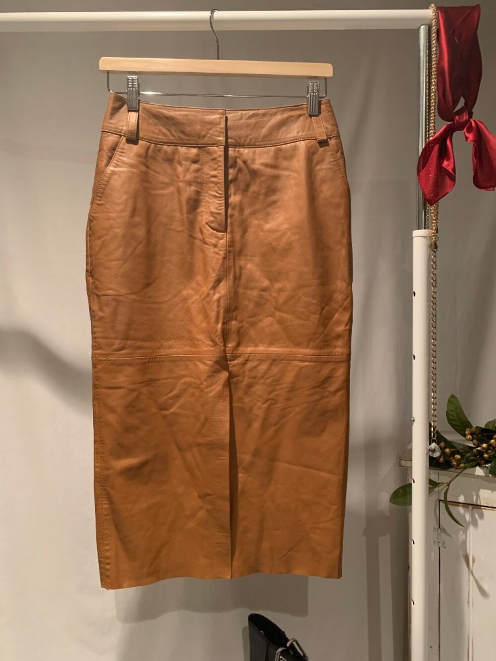 Caramel Leather Maxi Skirt Soft Structured Straight Fit - Size Small